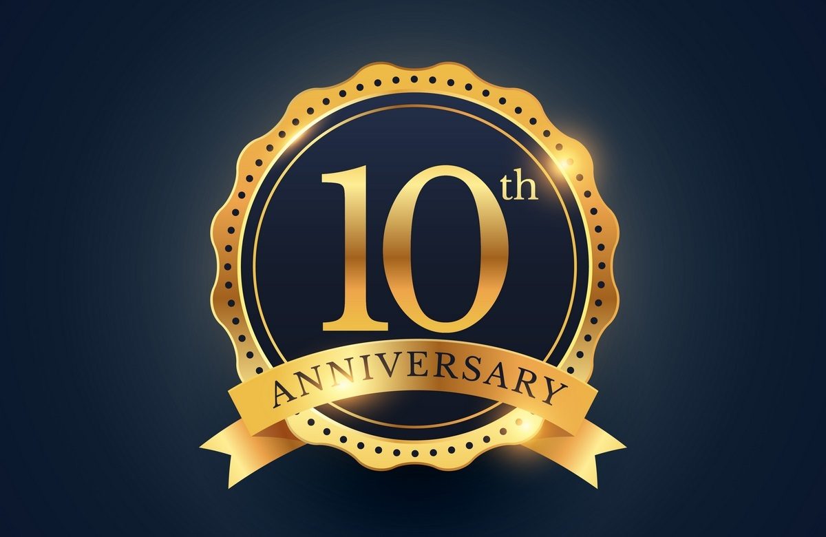 10th anniversary celebration badge label in golden color